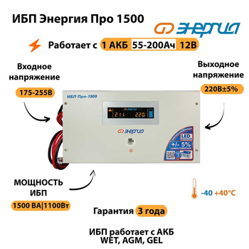 Энергия ИБП Про 1500 12В - ИБП и АКБ - ИБП для котлов - . Магазин оборудования для автономного и резервного электропитания Ekosolar.ru в Мытищах