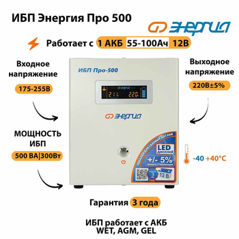 Энергия ИБП Про 500 12В - ИБП и АКБ - ИБП для котлов - . Магазин оборудования для автономного и резервного электропитания Ekosolar.ru в Мытищах
