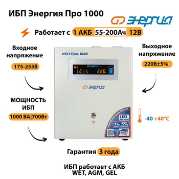 Энергия ИБП Про 1000 12В - ИБП и АКБ - ИБП для котлов - . Магазин оборудования для автономного и резервного электропитания Ekosolar.ru в Мытищах
