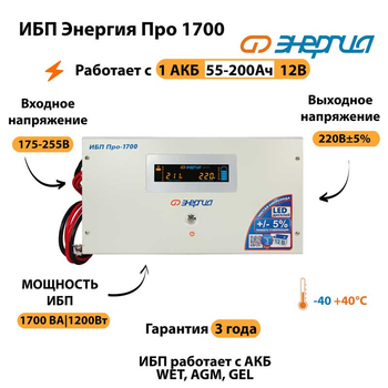 Энергия ИБП Про 1700 12В - ИБП и АКБ - ИБП для котлов - . Магазин оборудования для автономного и резервного электропитания Ekosolar.ru в Мытищах