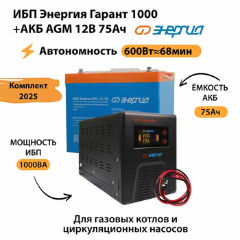 ИБП для котла Энергия Гарант 1000 + Аккумулятор 75 Ач 12 В (600Вт - 68мин) - ИБП и АКБ - ИБП для котлов - . Магазин оборудования для автономного и резервного электропитания Ekosolar.ru в Мытищах