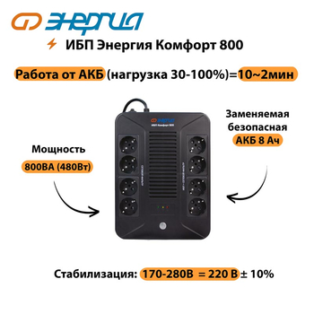 ИБП Комфорт 800 Энергия - ИБП и АКБ - ИБП для компьютера - . Магазин оборудования для автономного и резервного электропитания Ekosolar.ru в Мытищах