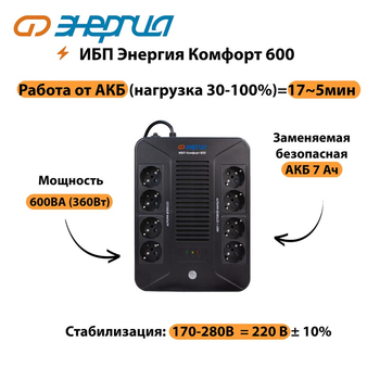 ИБП Комфорт 600 Энергия - ИБП и АКБ - ИБП для компьютера - . Магазин оборудования для автономного и резервного электропитания Ekosolar.ru в Мытищах