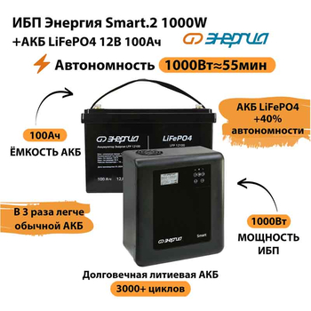 ИБП Энергия Smart.2 1000W + Аккумулятор LiFePO4 12v-100Ah (1000Вт-55мин) - ИБП и АКБ - ИБП Энергия - ИБП на 1 кВА - . Магазин оборудования для автономного и резервного электропитания Ekosolar.ru в Мытищах