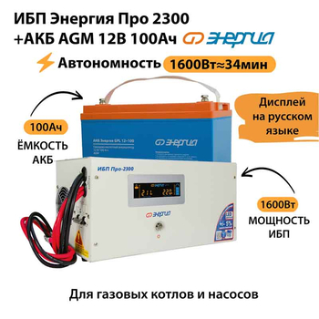 ИБП для котла Энергия Про 2300 + Аккумулятор 100 Ач 12 В (1600Вт - 34мин) - ИБП и АКБ - ИБП для котлов - . Магазин оборудования для автономного и резервного электропитания Ekosolar.ru в Мытищах