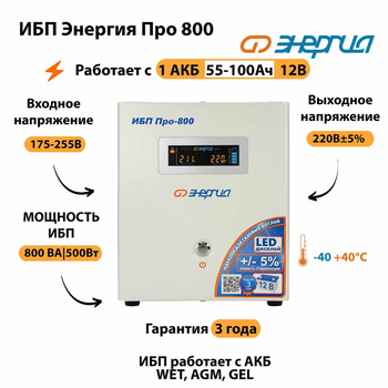 Энергия ИБП Про 800 12В - ИБП и АКБ - ИБП для котлов - . Магазин оборудования для автономного и резервного электропитания Ekosolar.ru в Мытищах