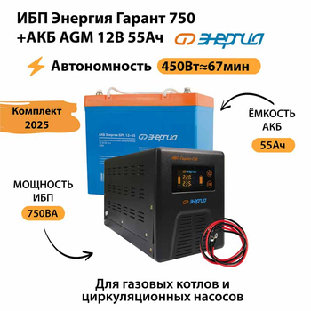 ИБП для котла Энергия Гарант 750 + Аккумулятор 55 Ач 12 В (450Вт - 67мин) - ИБП и АКБ - ИБП для котлов - . Магазин оборудования для автономного и резервного электропитания Ekosolar.ru в Мытищах