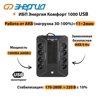 ИБП Комфорт 1000 USB Энергия - ИБП и АКБ - ИБП для компьютера - . Магазин оборудования для автономного и резервного электропитания Ekosolar.ru в Мытищах