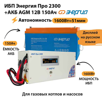 ИБП для котла Энергия Про 2300 + Аккумулятор 150 Ач 12 В (1600Вт - 51мин) - ИБП и АКБ - ИБП для котлов - . Магазин оборудования для автономного и резервного электропитания Ekosolar.ru в Мытищах